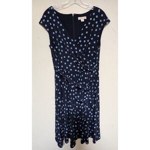 Coldwater Creek Women Dress 14 Navy w/Lighter Blue Polka Dots Belted Cap Sleeves